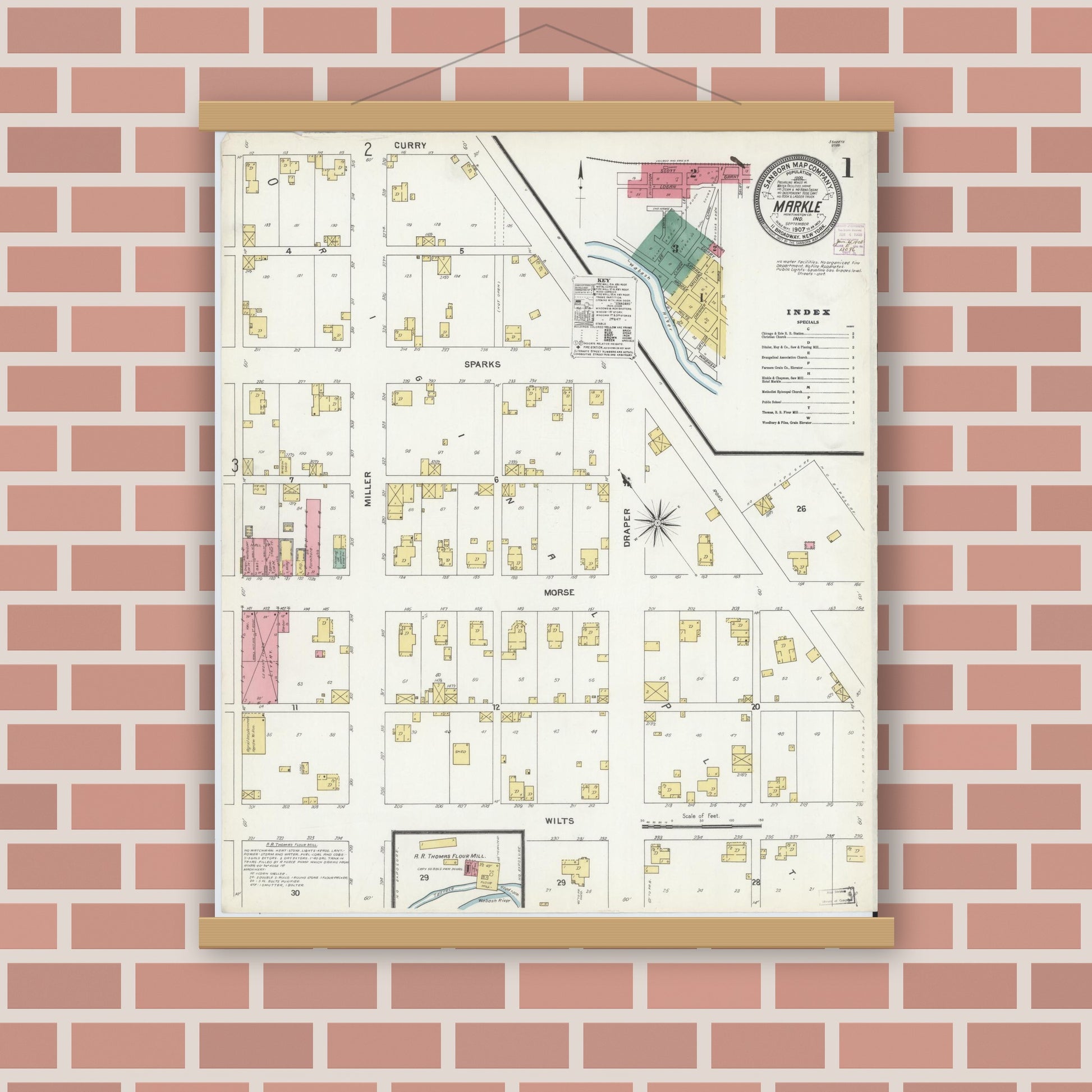 Old map wall art mockup — magnetic wood frame on brick wall — Sanborn Fire Insurance Map from Markle, Huntington County, Indiana (1907), Sheet #0001