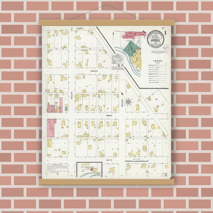 Old map wall art mockup — magnetic wood frame on brick wall — Sanborn Fire Insurance Map from Markle, Huntington County, Indiana (1907), Sheet #0001