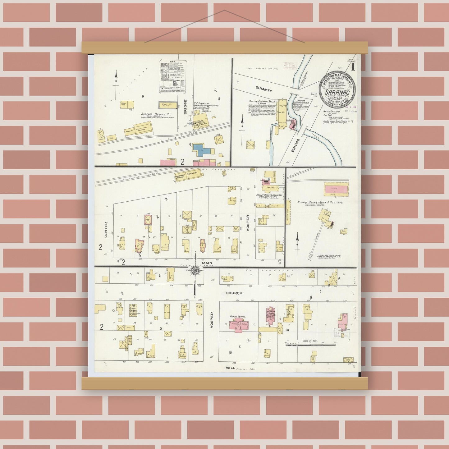 Old map wall art mockup — magnetic wood frame on brick wall — Sanborn Fire Insurance Map from Saranac, Ionia County, Michigan (1910) - Complete Map Set