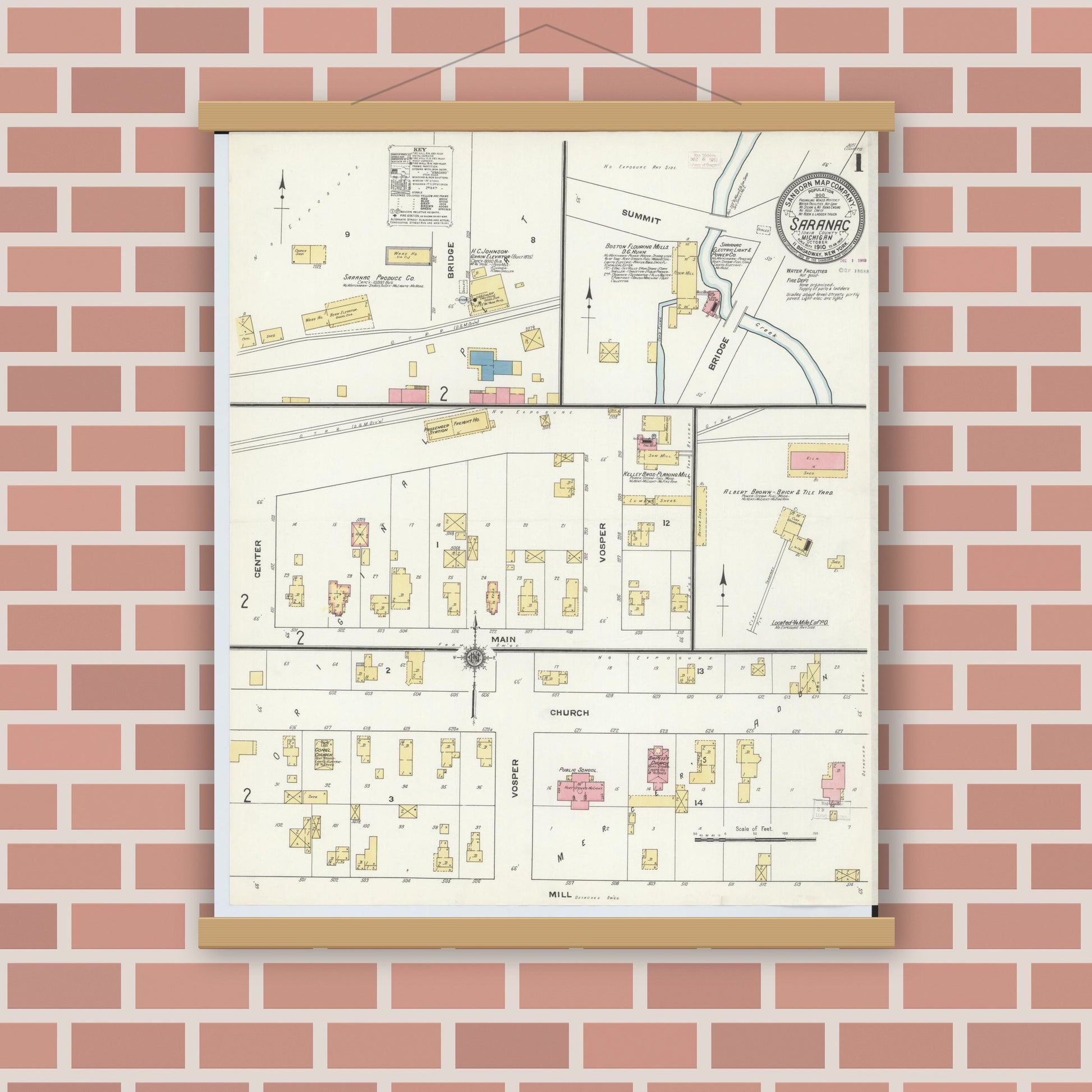Old map wall art mockup — magnetic wood frame on brick wall — Sanborn Fire Insurance Map from Saranac, Ionia County, Michigan (1910) - Complete Map Set