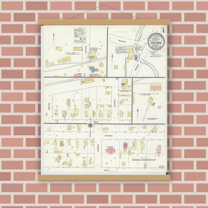 Old map wall art mockup — magnetic wood frame on brick wall — Sanborn Fire Insurance Map from Saranac, Ionia County, Michigan (1910) - Complete Map Set
