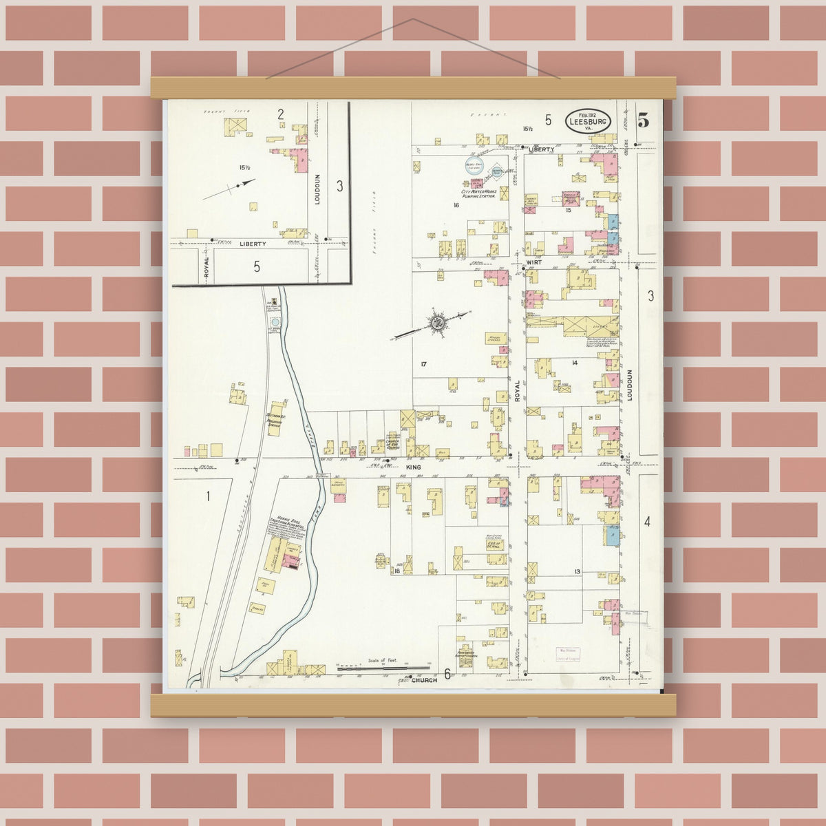 Old map wall art mockup — magnetic wood frame on brick wall — Sanborn Fire Insurance Map from Leesburg, Loudoun County, Virginia (1912), Sheet #0005