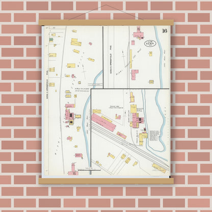 Old map wall art mockup — magnetic wood frame on brick wall — Sanborn Fire Insurance Map from Xenia, Greene County, Ohio (1901), Sheet #0016