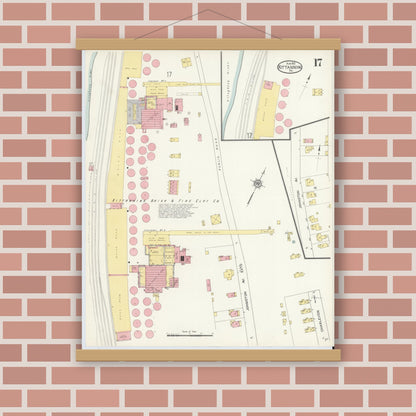 Old map wall art mockup — magnetic wood frame on brick wall — Sanborn Fire Insurance Map from Kittanning, Armstrong County, Pennsylvania (1913), Sheet #0017