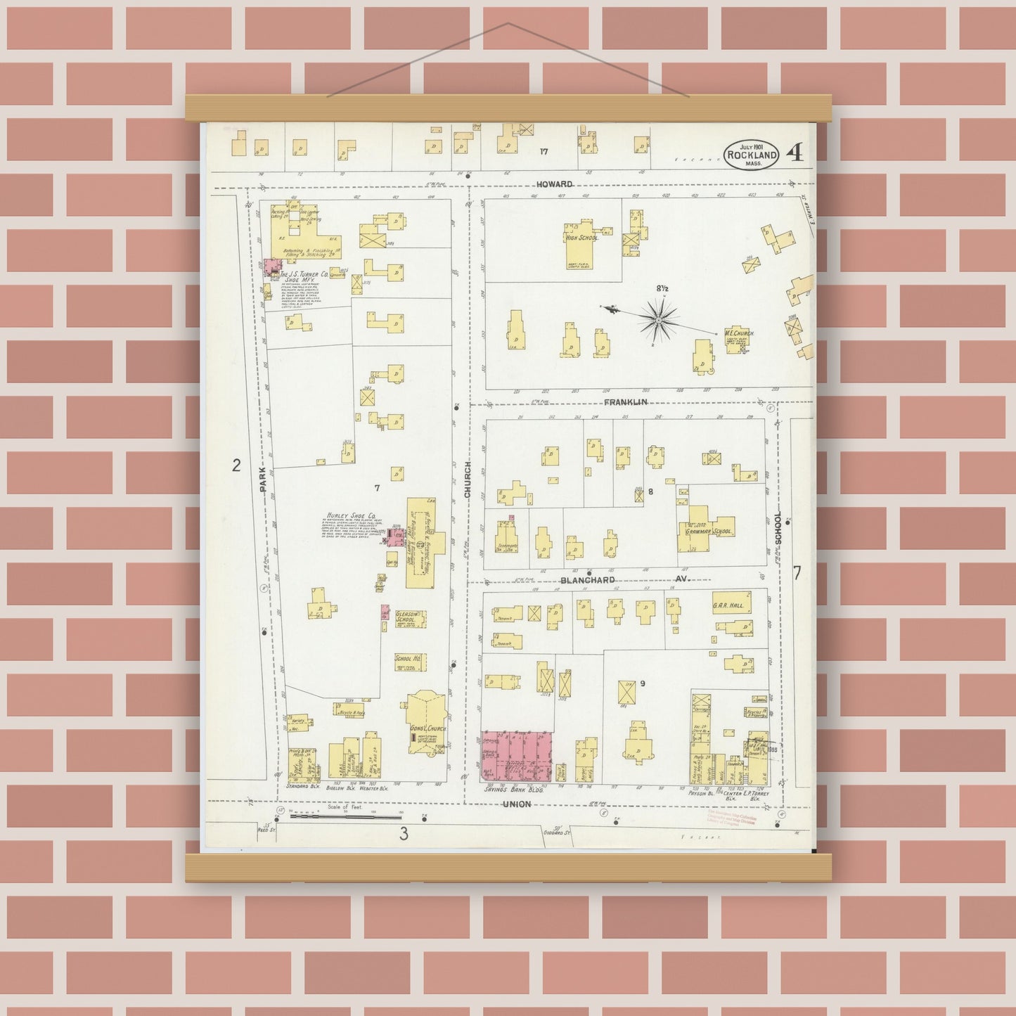 Old map wall art mockup — magnetic wood frame on brick wall — Sanborn Fire Insurance Map from Rockland, Plymouth County, Massachusetts (1901), Sheet #0004