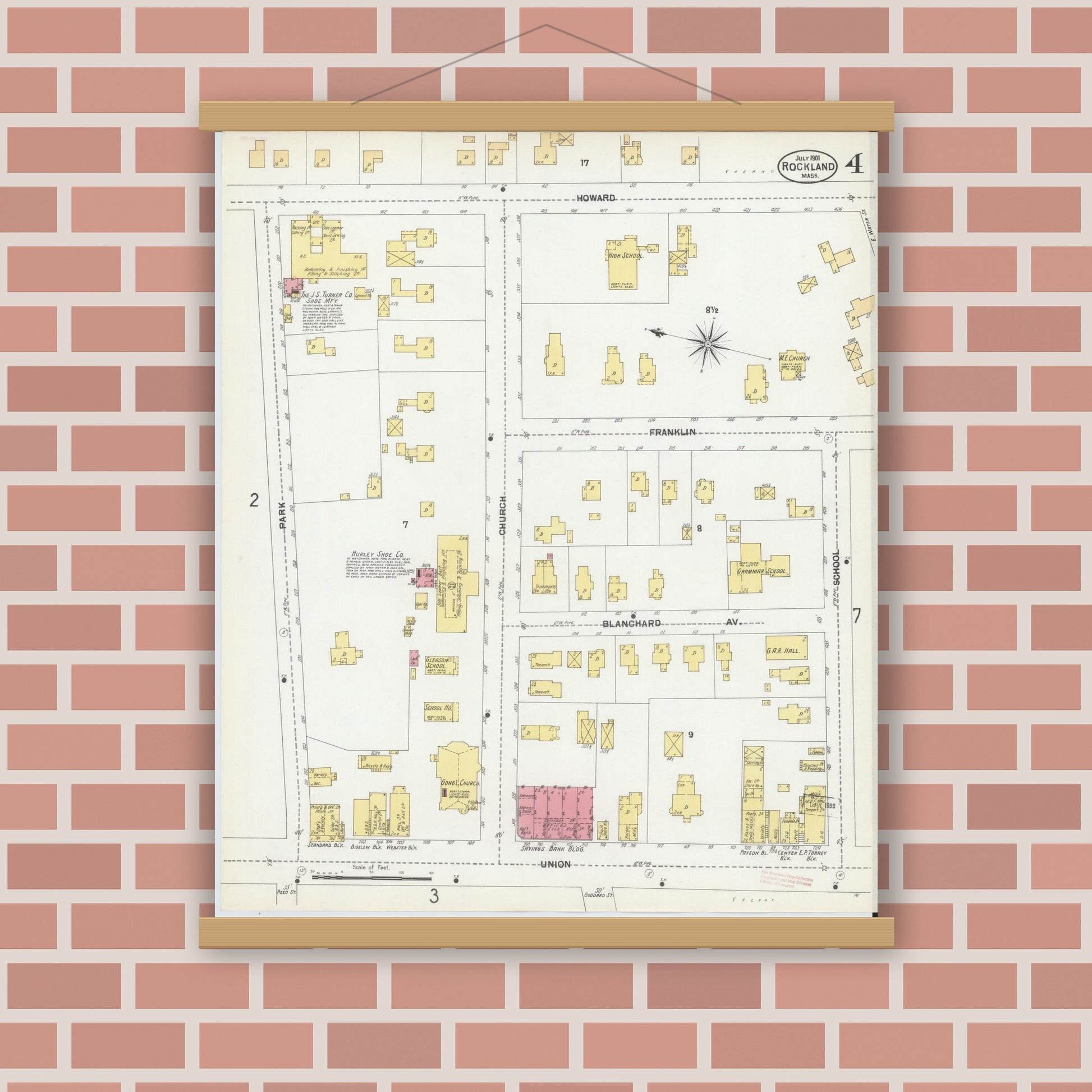 Old map wall art mockup — magnetic wood frame on brick wall — Sanborn Fire Insurance Map from Rockland, Plymouth County, Massachusetts (1901), Sheet #0004