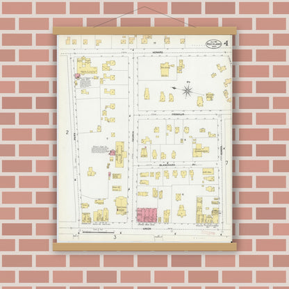 Old map wall art mockup — magnetic wood frame on brick wall — Sanborn Fire Insurance Map from Rockland, Plymouth County, Massachusetts (1901), Sheet #0004
