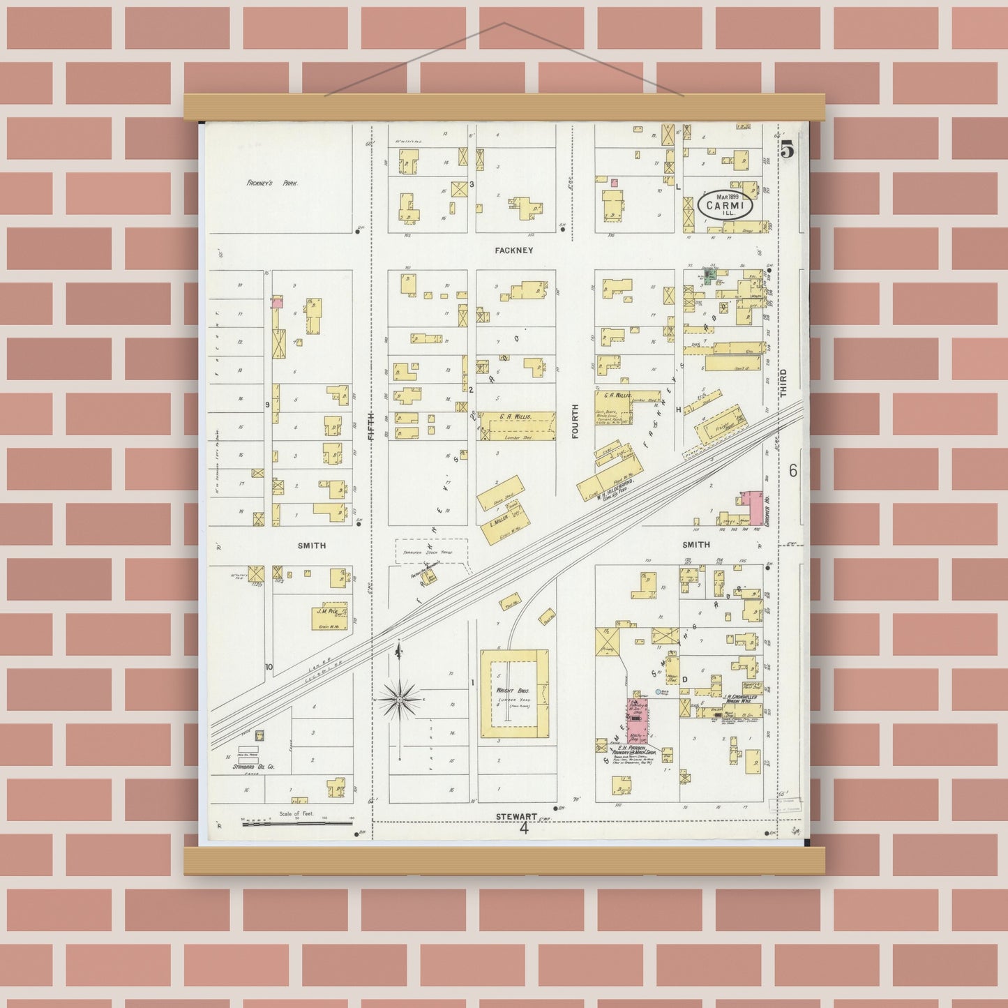 Old map wall art mockup — magnetic wood frame on brick wall — Sanborn Fire Insurance Map from Carmi, White County, Illinois (1899), Sheet #0005