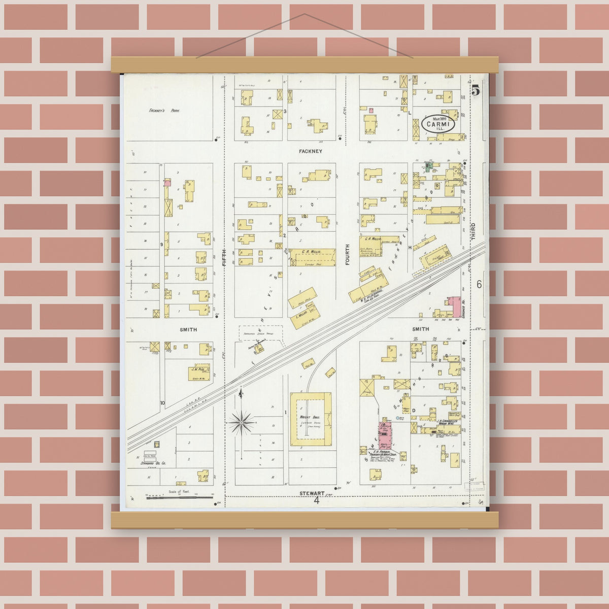 Old map wall art mockup — magnetic wood frame on brick wall — Sanborn Fire Insurance Map from Carmi, White County, Illinois (1899), Sheet #0005