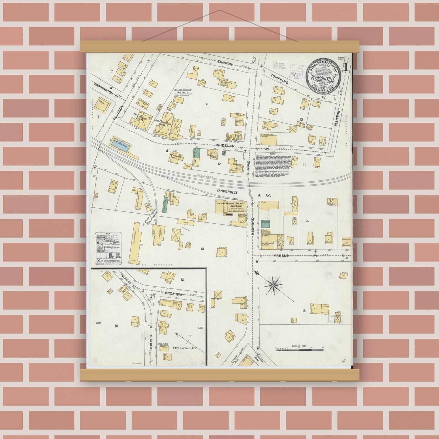 Old map wall art mockup — magnetic wood frame on brick wall — Sanborn Fire Insurance Map from Pleasantville, Westchester County, New York (1904) - Complete Map Set
