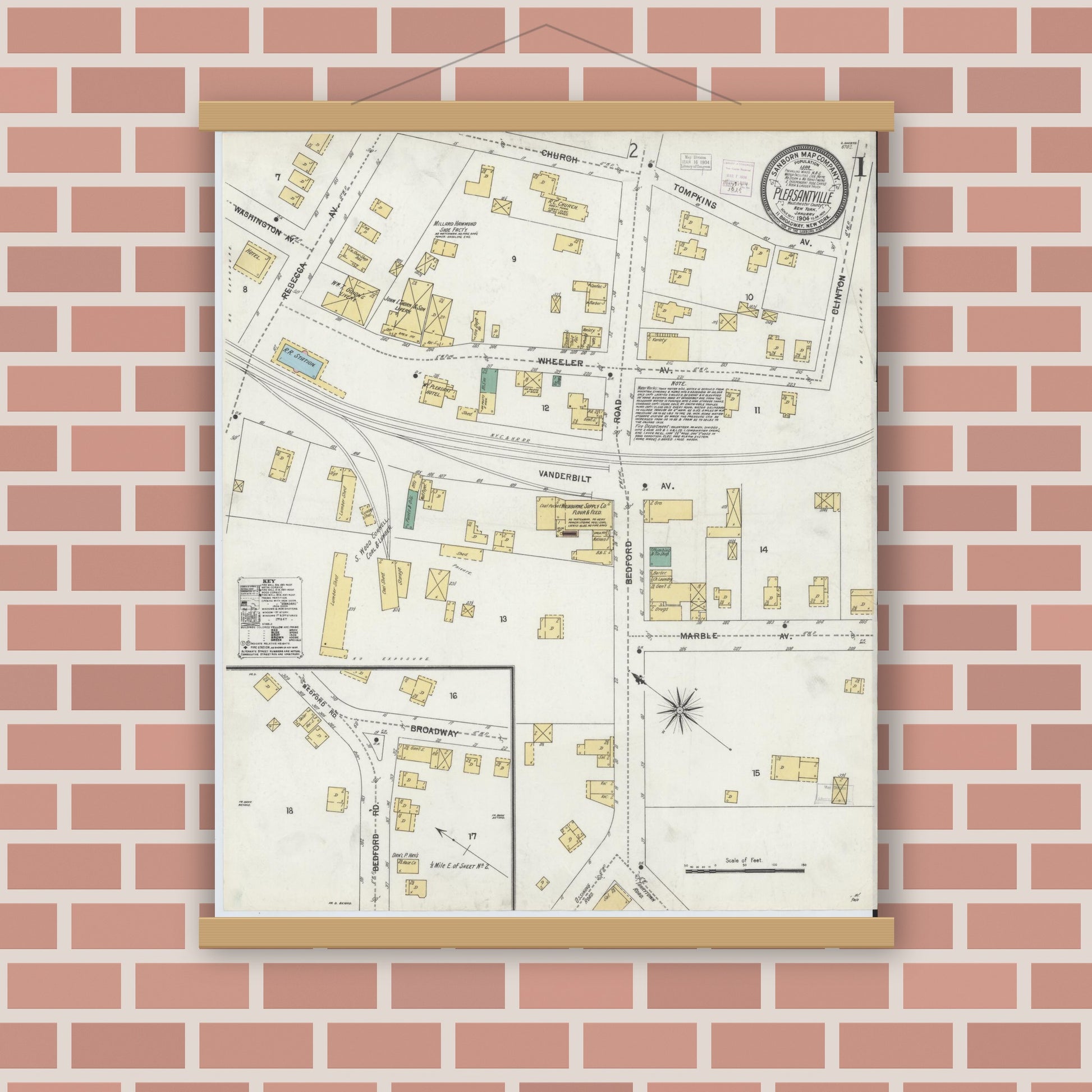 Old map wall art mockup — magnetic wood frame on brick wall — Sanborn Fire Insurance Map from Pleasantville, Westchester County, New York (1904) - Complete Map Set