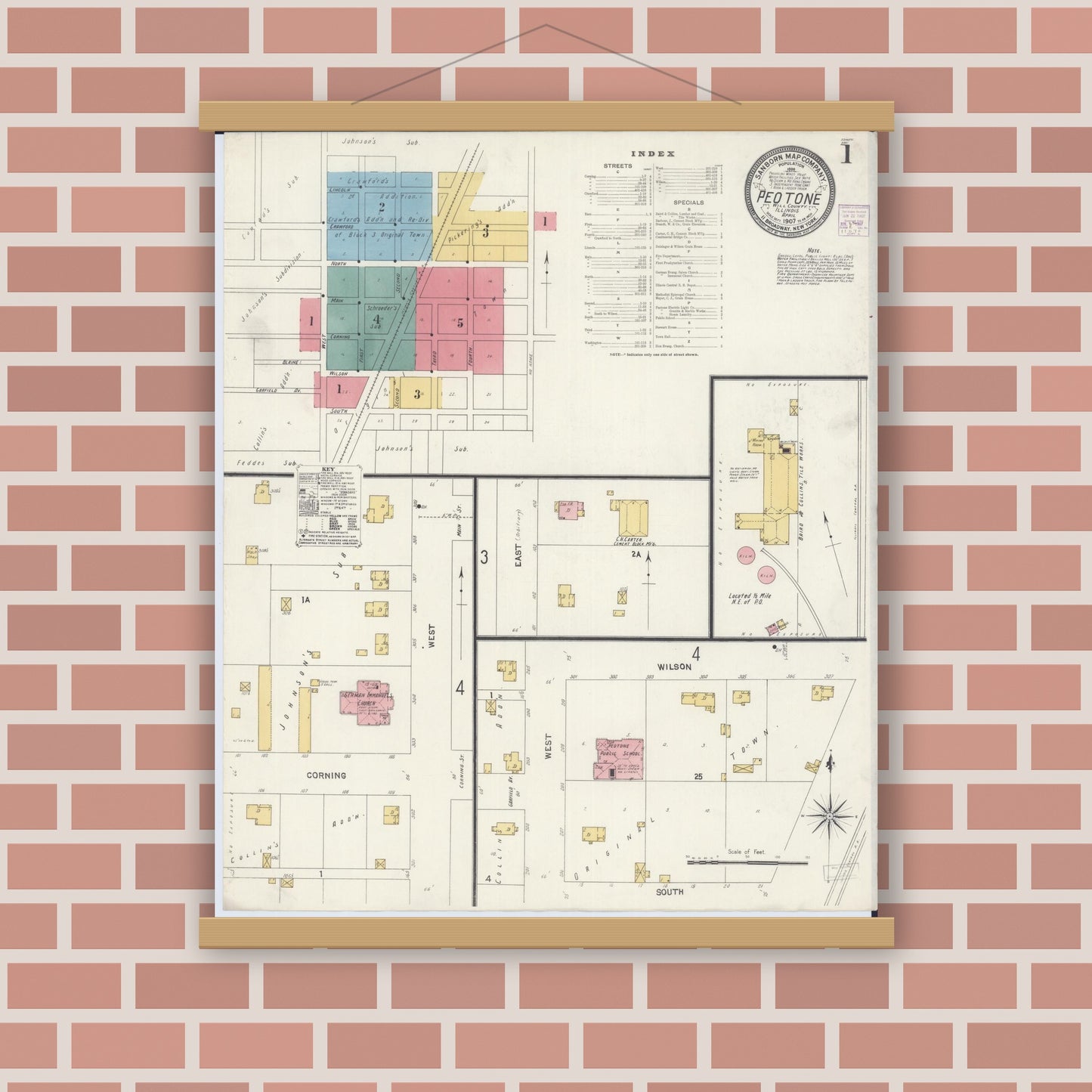Old map wall art mockup — magnetic wood frame on brick wall — Sanborn Fire Insurance Map from Peotone, Will County, Illinois (1907), Sheet #0001