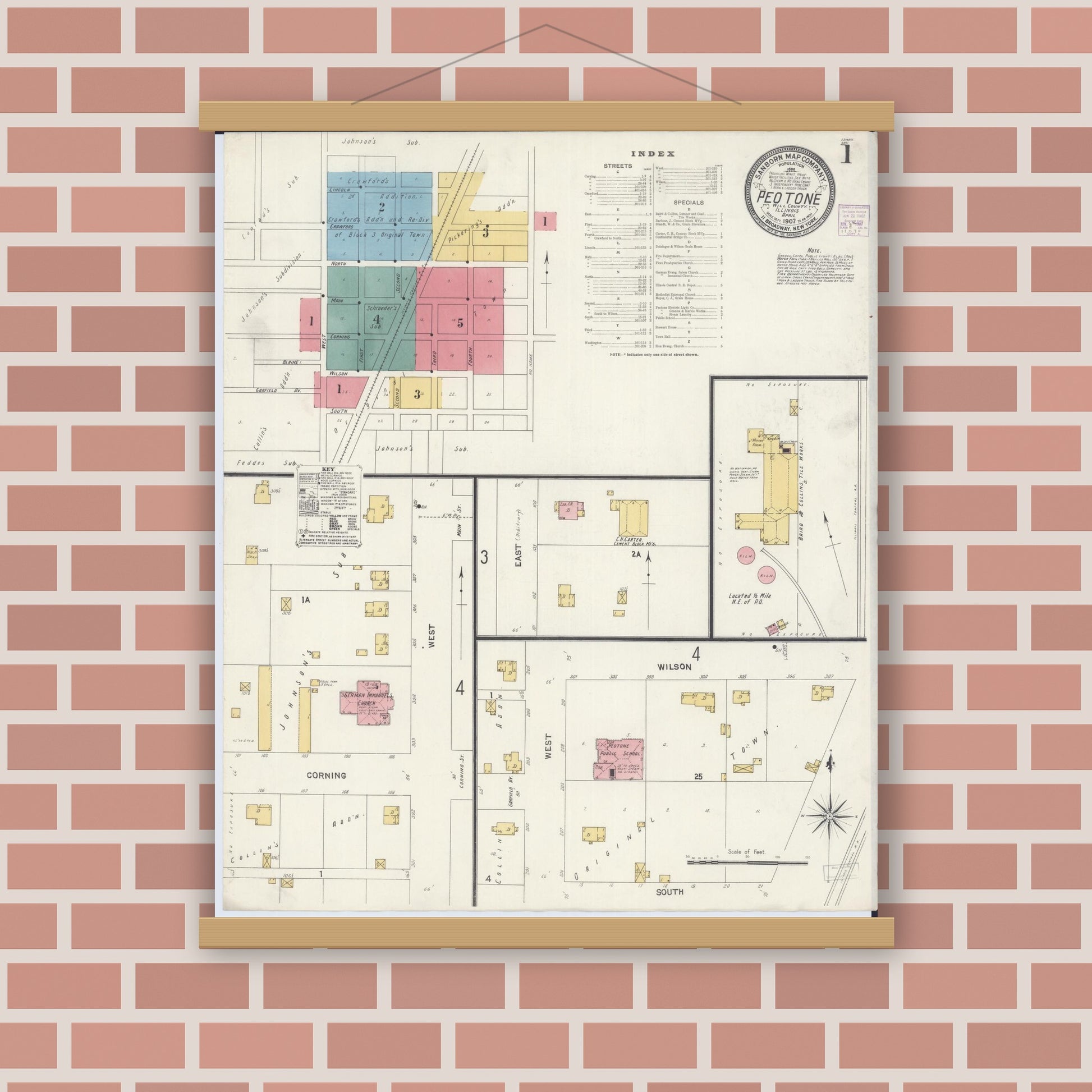 Old map wall art mockup — magnetic wood frame on brick wall — Sanborn Fire Insurance Map from Peotone, Will County, Illinois (1907), Sheet #0001