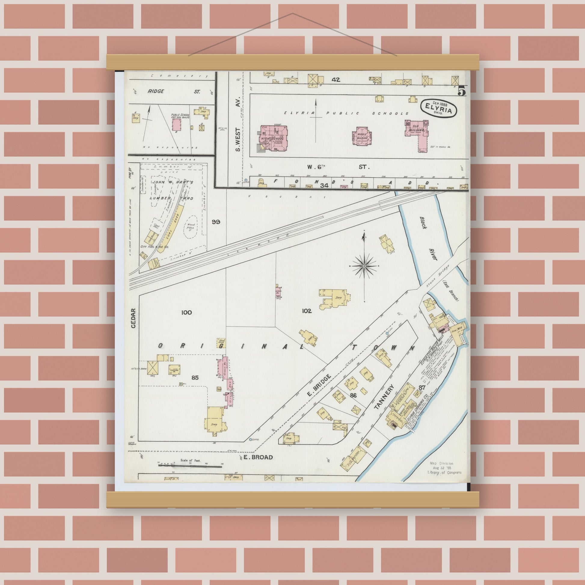 Old map wall art mockup — magnetic wood frame on brick wall — Sanborn Fire Insurance Map from Elyria, Lorain County, Ohio (1888), Sheet #0005