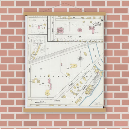 Old map wall art mockup — magnetic wood frame on brick wall — Sanborn Fire Insurance Map from Elyria, Lorain County, Ohio (1888), Sheet #0005