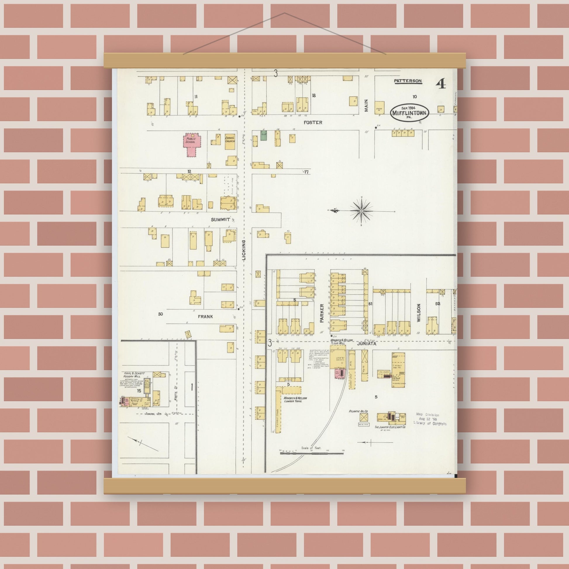 Old map wall art mockup — magnetic wood frame on brick wall — Sanborn Fire Insurance Map from Mifflintown, Juniata County, Pennsylvania (1904), Sheet #0004