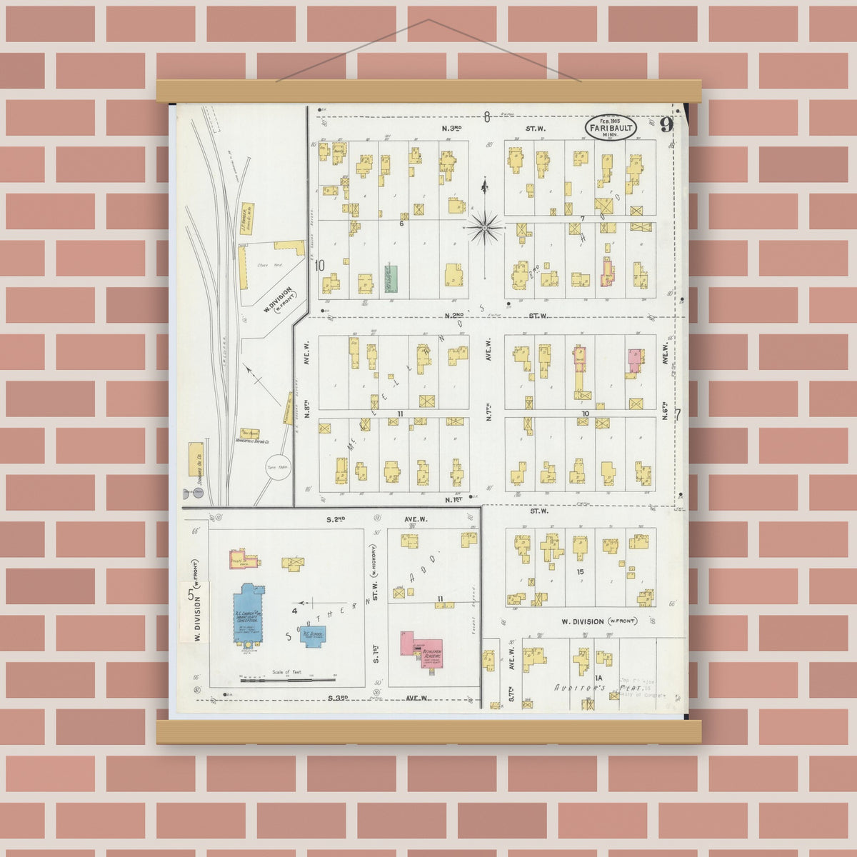 Old map wall art mockup — magnetic wood frame on brick wall — Sanborn Fire Insurance Map from Faribault, Rice County, Minnesota (1905), Sheet #0009