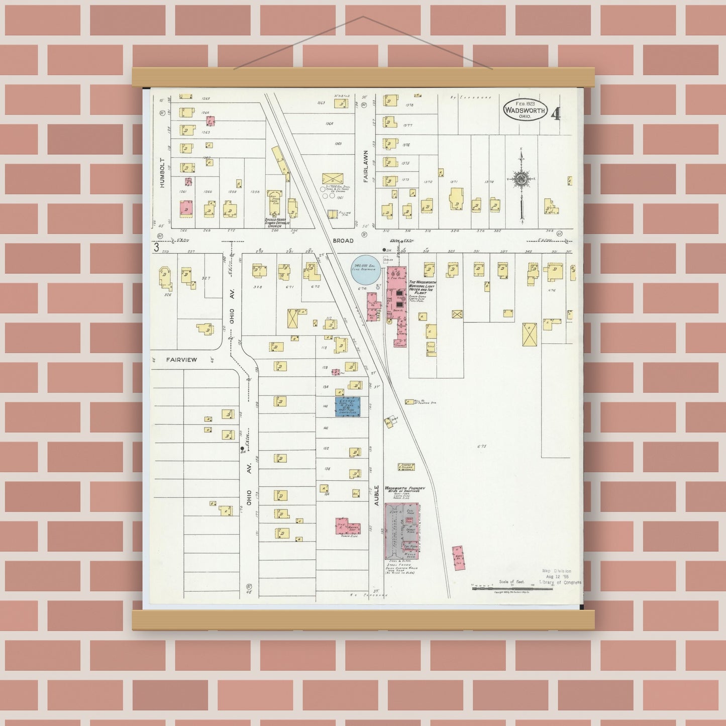 Old map wall art mockup — magnetic wood frame on brick wall — Sanborn Fire Insurance Map from Wadsworth, Medina County, Ohio (1923), Sheet #0004