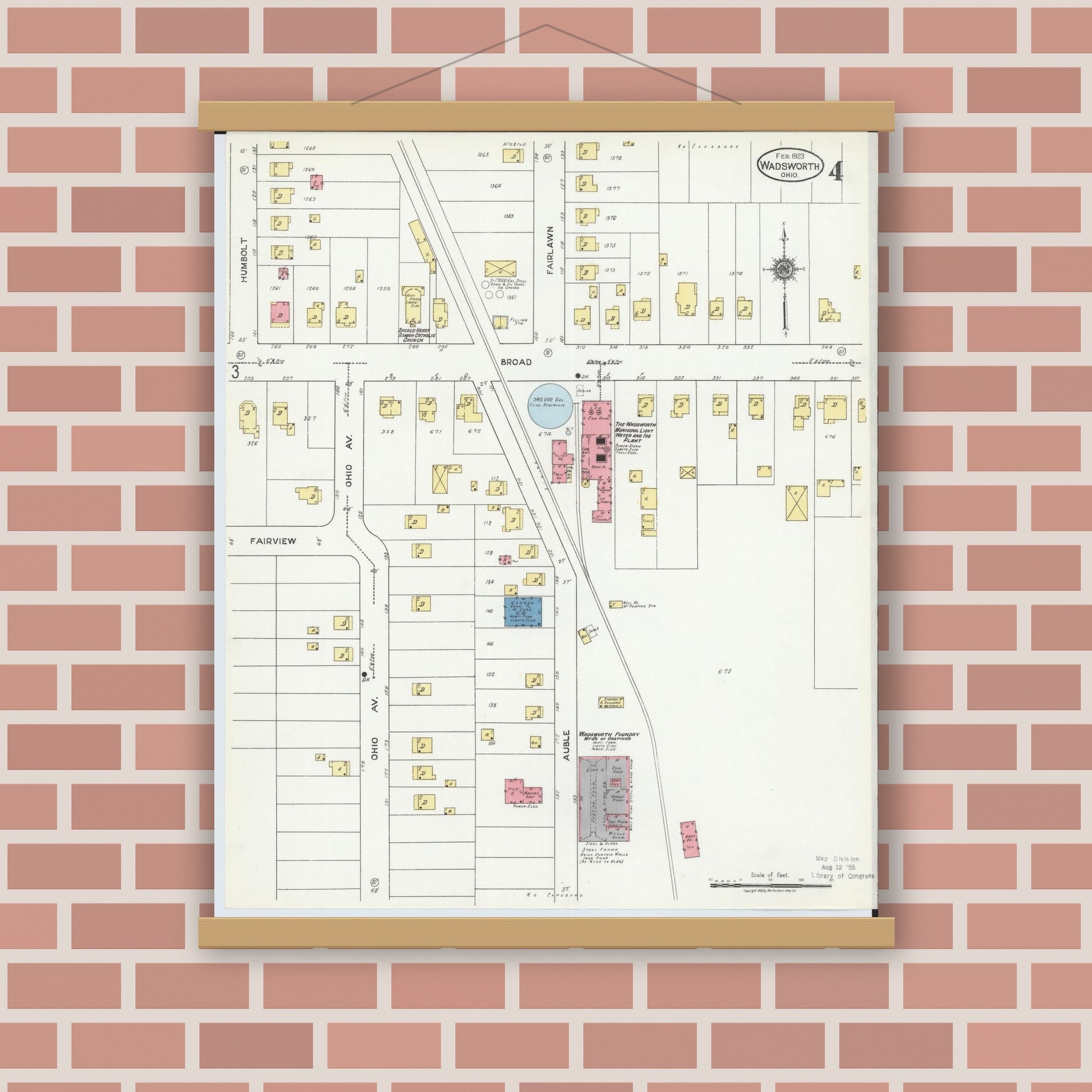 Old map wall art mockup — magnetic wood frame on brick wall — Sanborn Fire Insurance Map from Wadsworth, Medina County, Ohio (1923), Sheet #0004