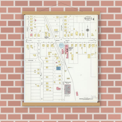 Old map wall art mockup — magnetic wood frame on brick wall — Sanborn Fire Insurance Map from Wadsworth, Medina County, Ohio (1923), Sheet #0004