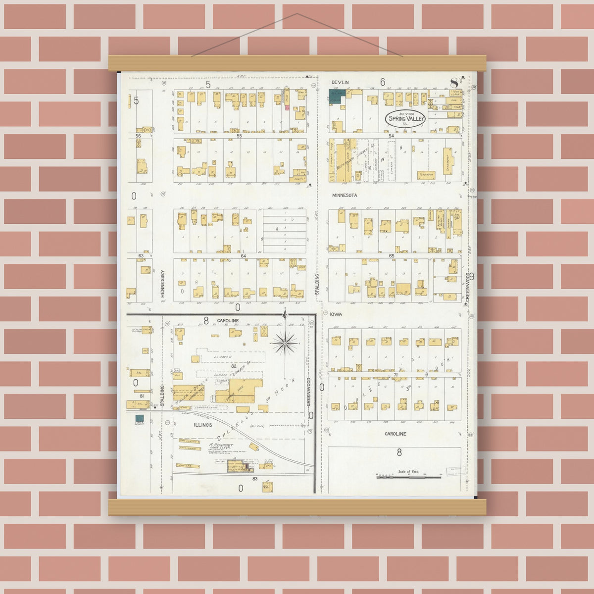 Old map wall art mockup — magnetic wood frame on brick wall — Sanborn Fire Insurance Map from Spring Valley, Bureau County, Illinois (1906), Sheet #0008
