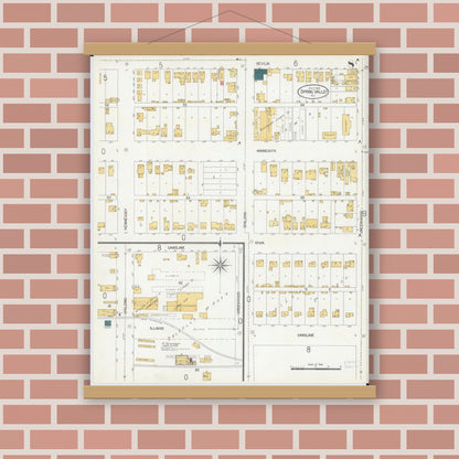 Old map wall art mockup — magnetic wood frame on brick wall — Sanborn Fire Insurance Map from Spring Valley, Bureau County, Illinois (1906), Sheet #0008