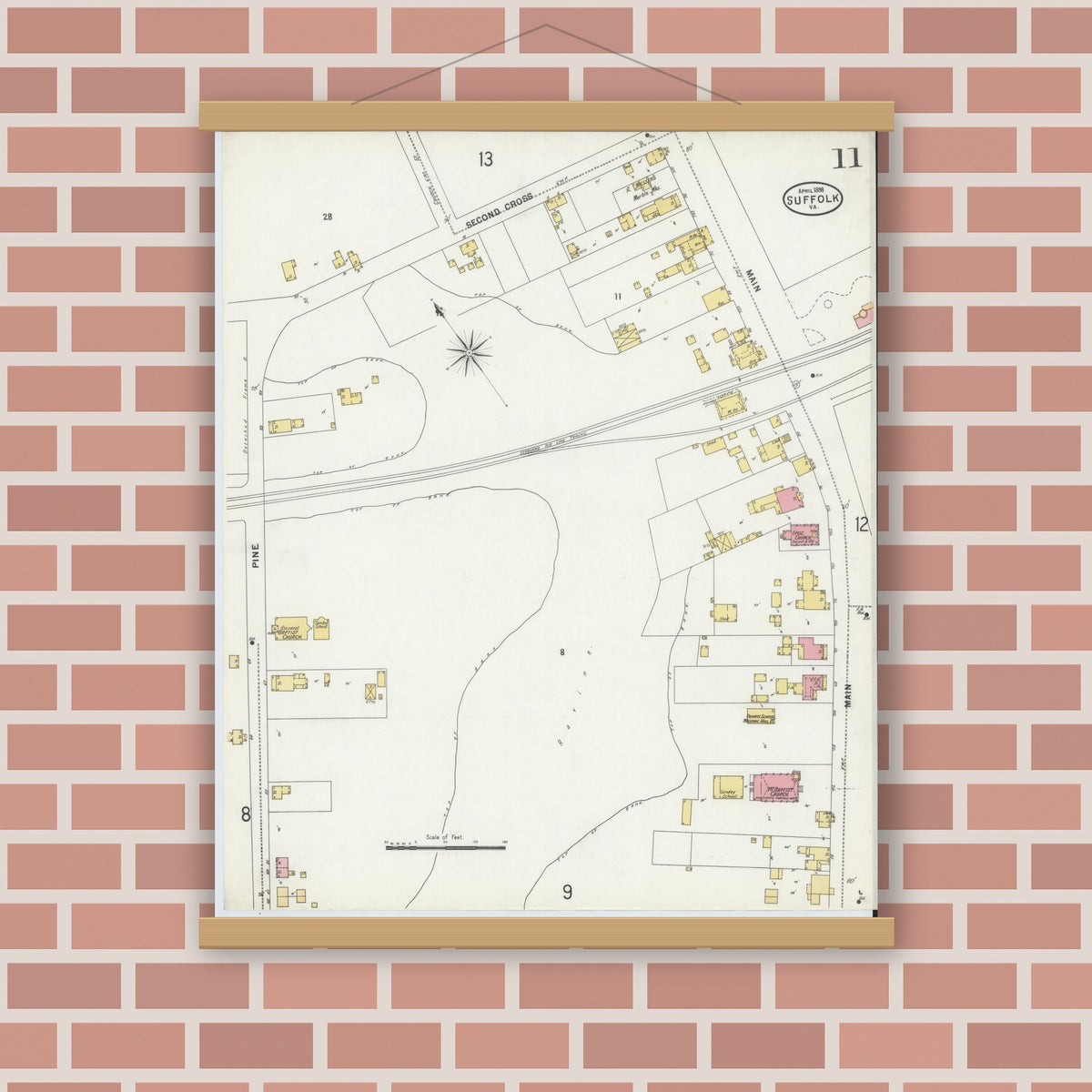 Old map wall art mockup — magnetic wood frame on brick wall — Sanborn Fire Insurance Map from Suffolk, Independent Cities, Virginia (1898), Sheet #0011