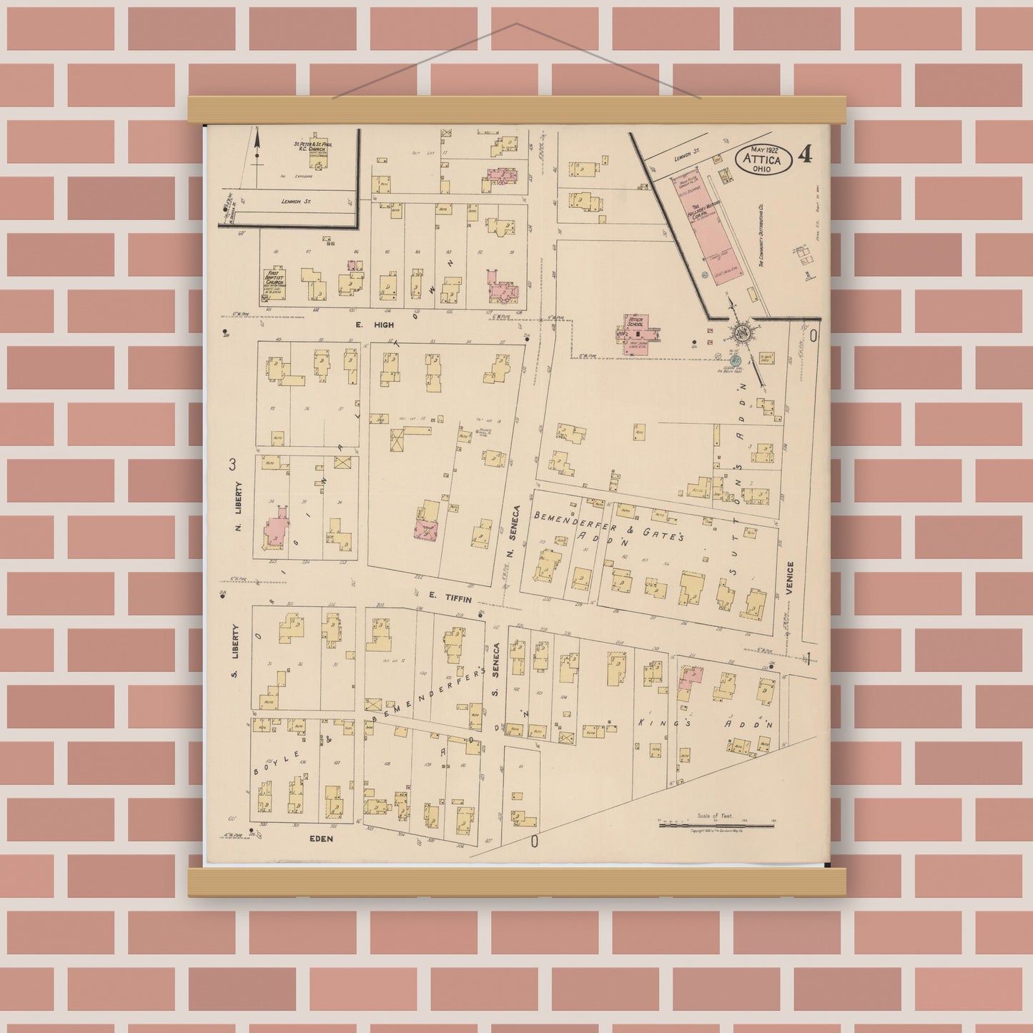 Old map wall art mockup — magnetic wood frame on brick wall — Sanborn Fire Insurance Map from Attica, Seneca County, Ohio (1922), Sheet #0004