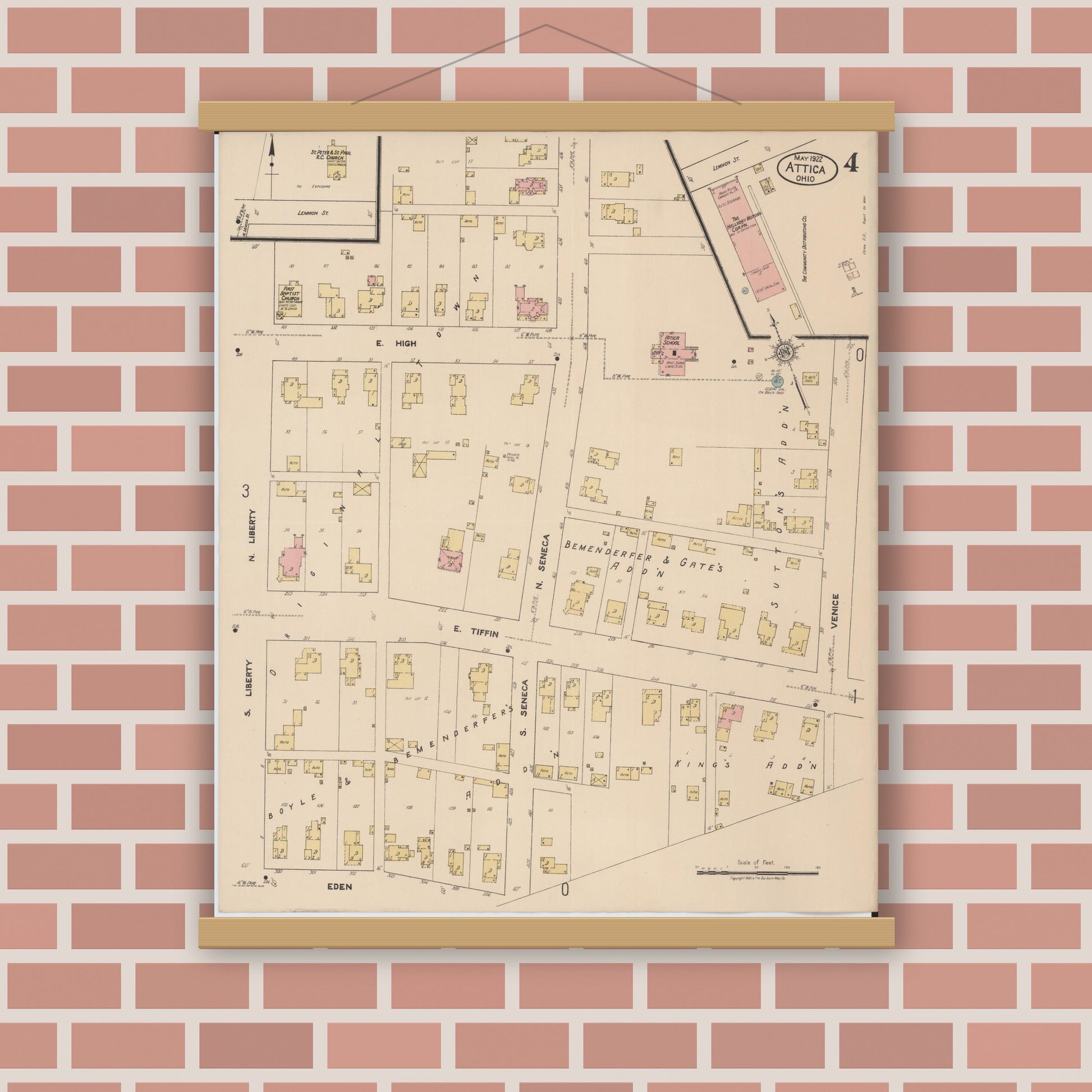 Old map wall art mockup — magnetic wood frame on brick wall — Sanborn Fire Insurance Map from Attica, Seneca County, Ohio (1922), Sheet #0004