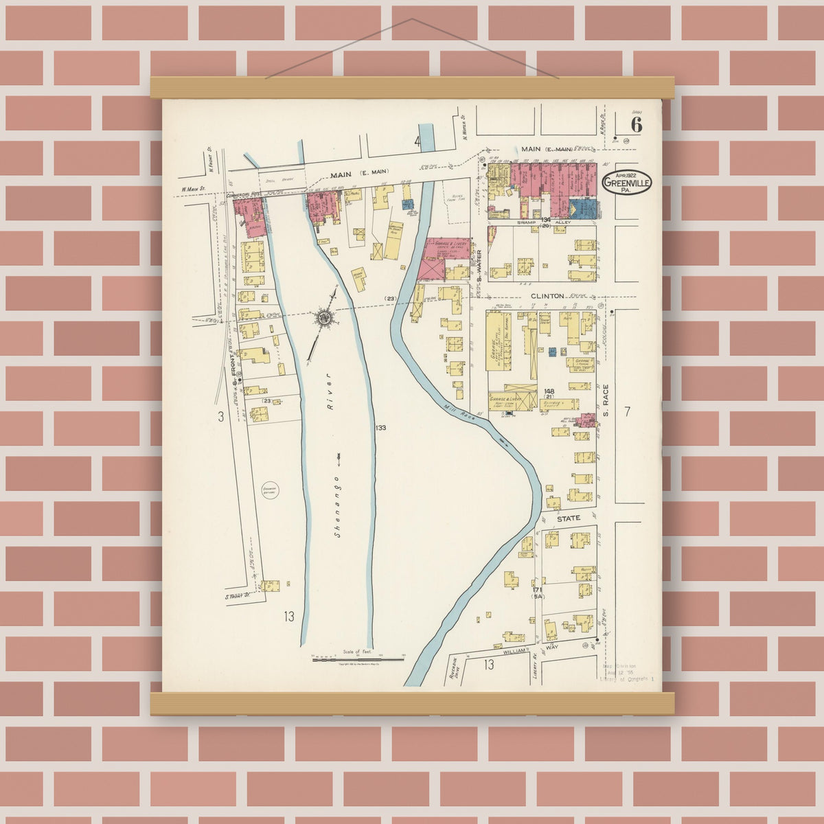 Old map wall art mockup — magnetic wood frame on brick wall — Sanborn Fire Insurance Map from Greenville, Mercer County, Pennsylvania (1922), Sheet #0006