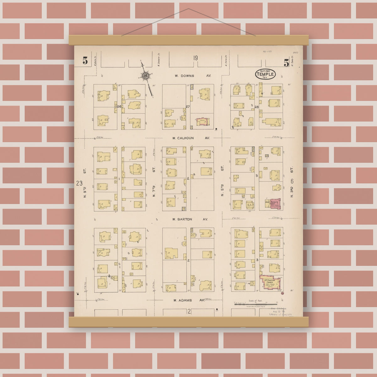Old map wall art mockup — magnetic wood frame on brick wall — Sanborn Fire Insurance Map from Temple, Bell County, Texas (1922), Sheet #0005