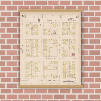 Old map wall art mockup — magnetic wood frame on brick wall — Sanborn Fire Insurance Map from Temple, Bell County, Texas (1922), Sheet #0005