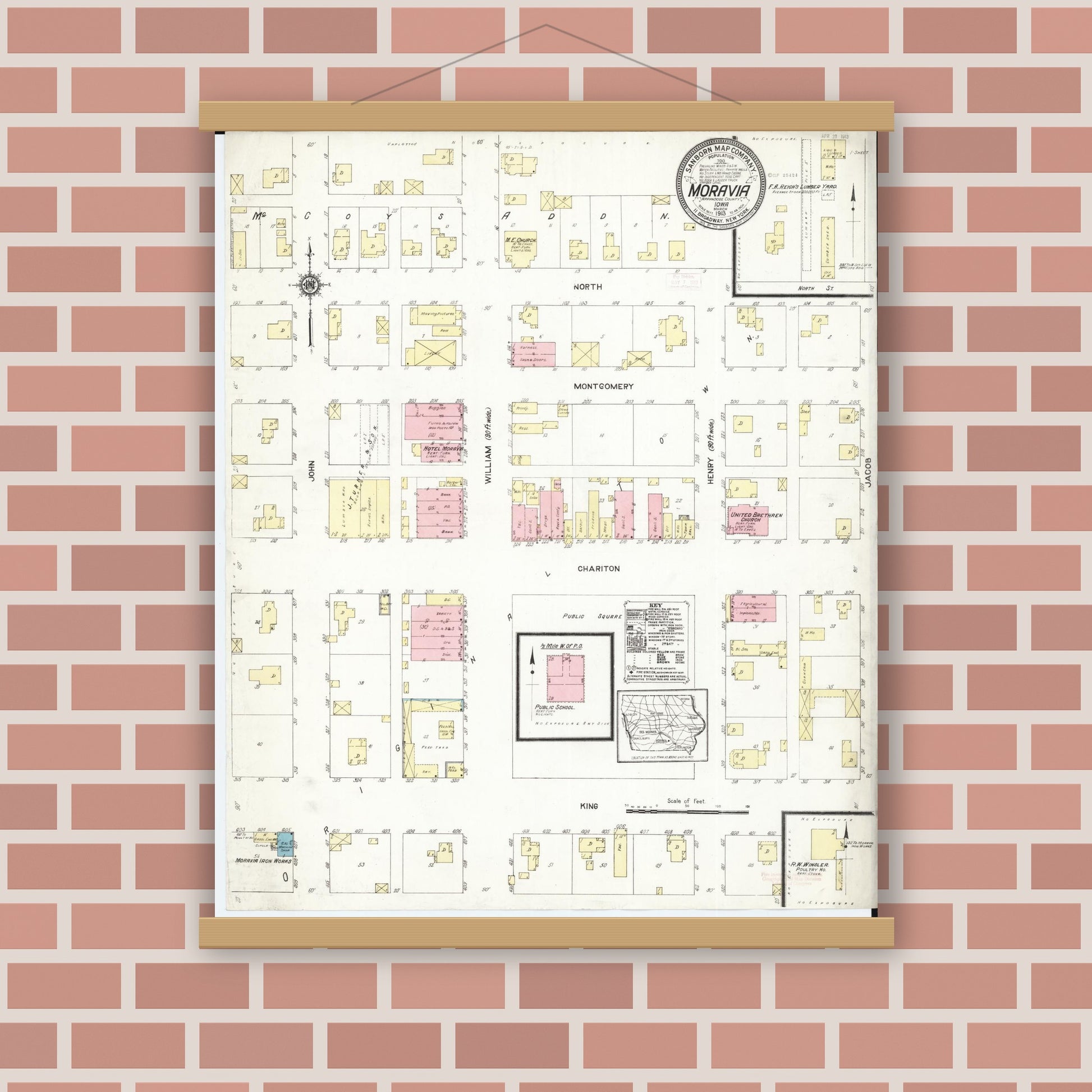 Old map wall art mockup — magnetic wood frame on brick wall — Sanborn Fire Insurance Map from Moravia, Appanoose County, Iowa (1913), Sheet #0001