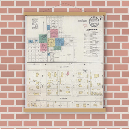Old map wall art mockup — magnetic wood frame on brick wall — Sanborn Fire Insurance Map from Hoopeston, Vermilion County, Illinois (1895), Sheet #0001