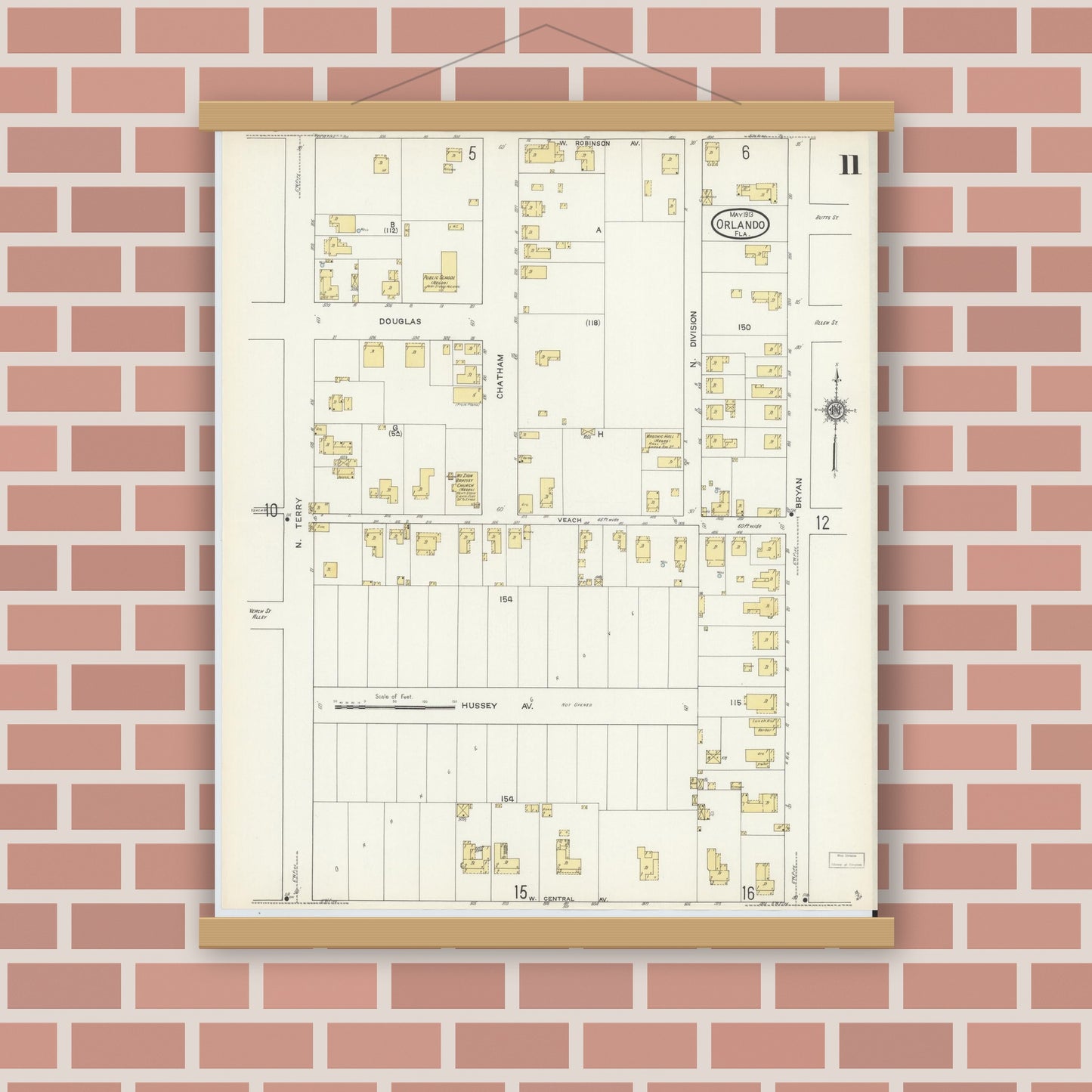 Old map wall art mockup — magnetic wood frame on brick wall — Sanborn Fire Insurance Map from Orlando, Orange County, Florida (1913), Sheet #0011