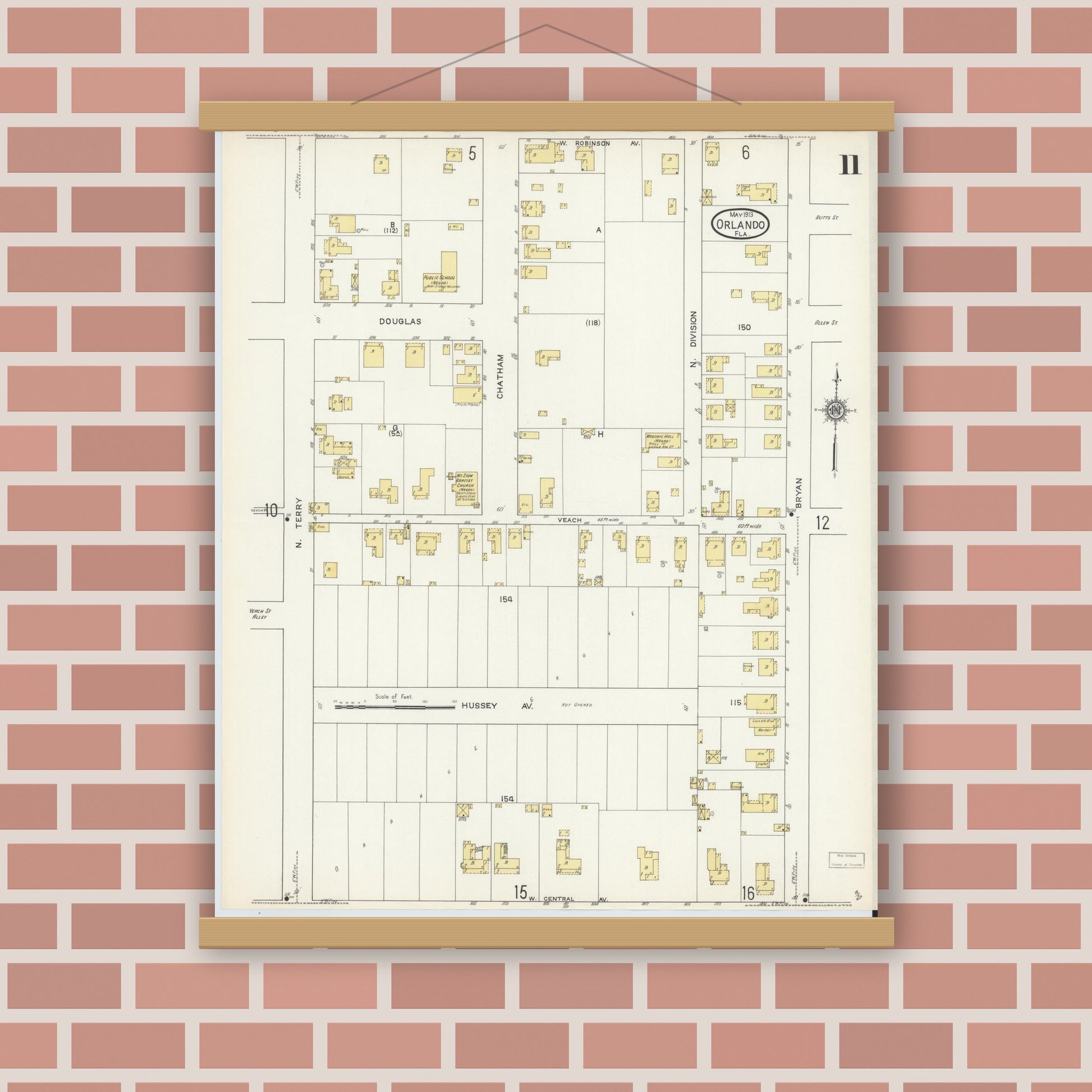 Old map wall art mockup — magnetic wood frame on brick wall — Sanborn Fire Insurance Map from Orlando, Orange County, Florida (1913), Sheet #0011