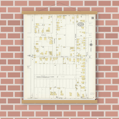 Old map wall art mockup — magnetic wood frame on brick wall — Sanborn Fire Insurance Map from Orlando, Orange County, Florida (1913), Sheet #0011