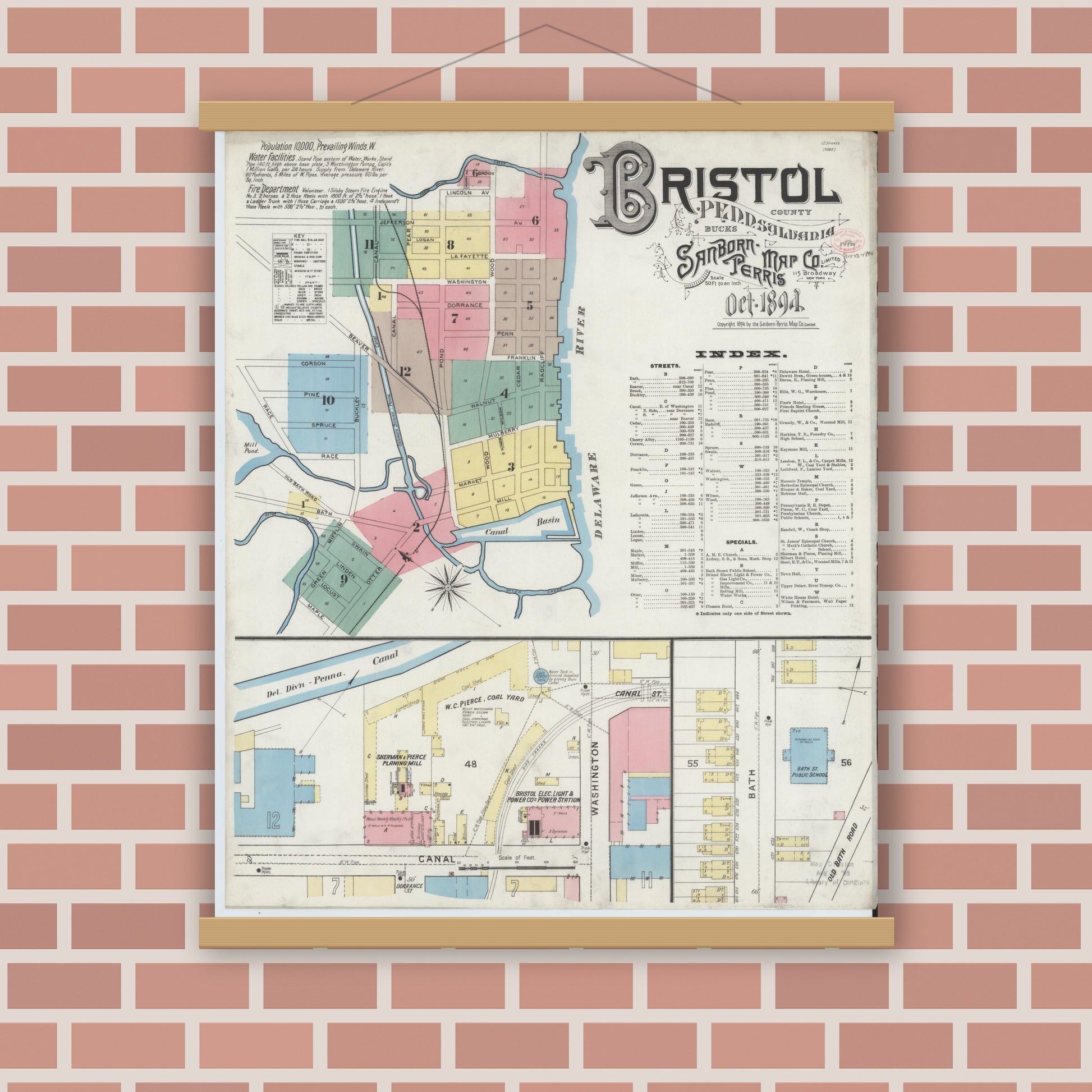 Old map wall art mockup — magnetic wood frame on brick wall — Sanborn Fire Insurance Map from Bristol, Bucks County, Pennsylvania (1894), Sheet #0001