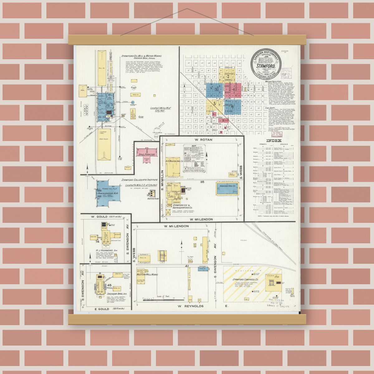 Old map wall art mockup — magnetic wood frame on brick wall — Sanborn Fire Insurance Map from Stamford, Jones County, Texas (1908), Sheet #0001