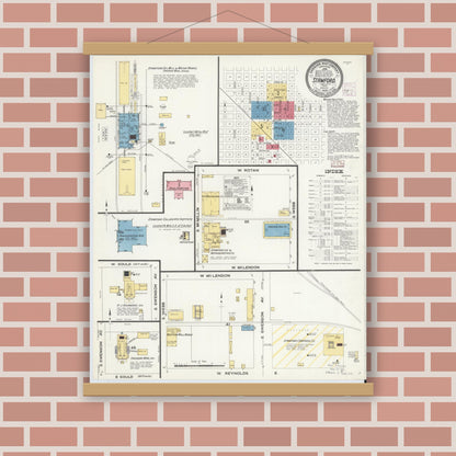 Old map wall art mockup — magnetic wood frame on brick wall — Sanborn Fire Insurance Map from Stamford, Jones County, Texas (1908), Sheet #0001