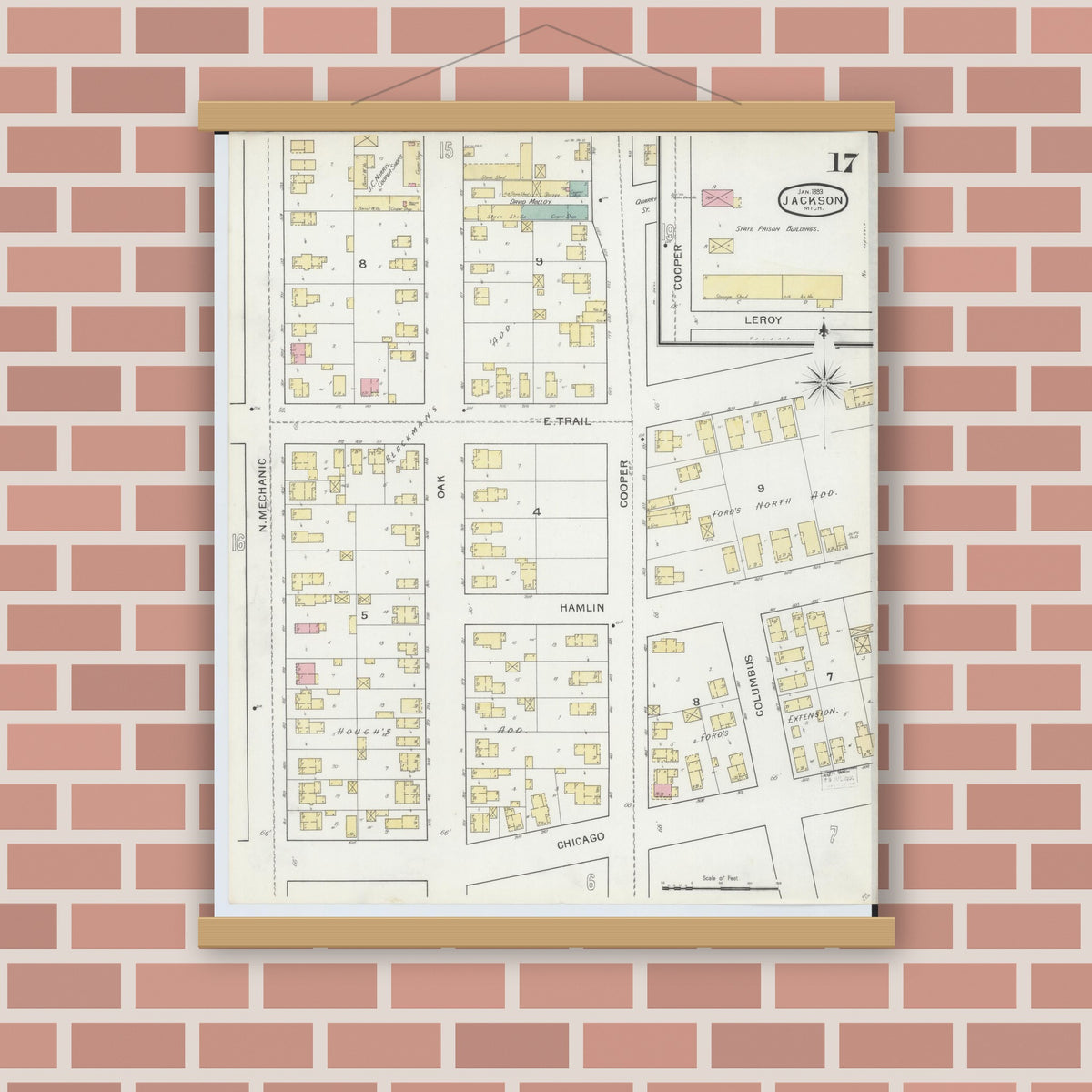 Old map wall art mockup — magnetic wood frame on brick wall — Sanborn Fire Insurance Map from Jackson, Jackson County, Michigan (1893), Sheet #0017