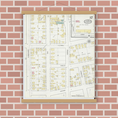 Old map wall art mockup — magnetic wood frame on brick wall — Sanborn Fire Insurance Map from Jackson, Jackson County, Michigan (1893), Sheet #0017