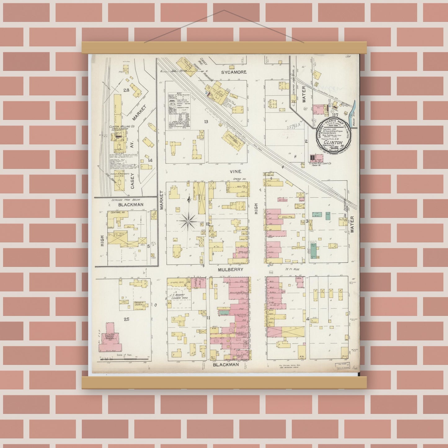 Old map wall art mockup — magnetic wood frame on brick wall — Sanborn Fire Insurance Map from Clinton, Vermillion County, Indiana (1892), Sheet #0001