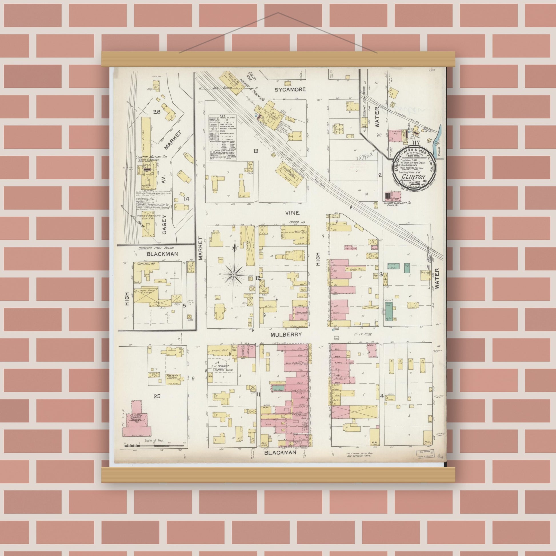 Old map wall art mockup — magnetic wood frame on brick wall — Sanborn Fire Insurance Map from Clinton, Vermillion County, Indiana (1892), Sheet #0001