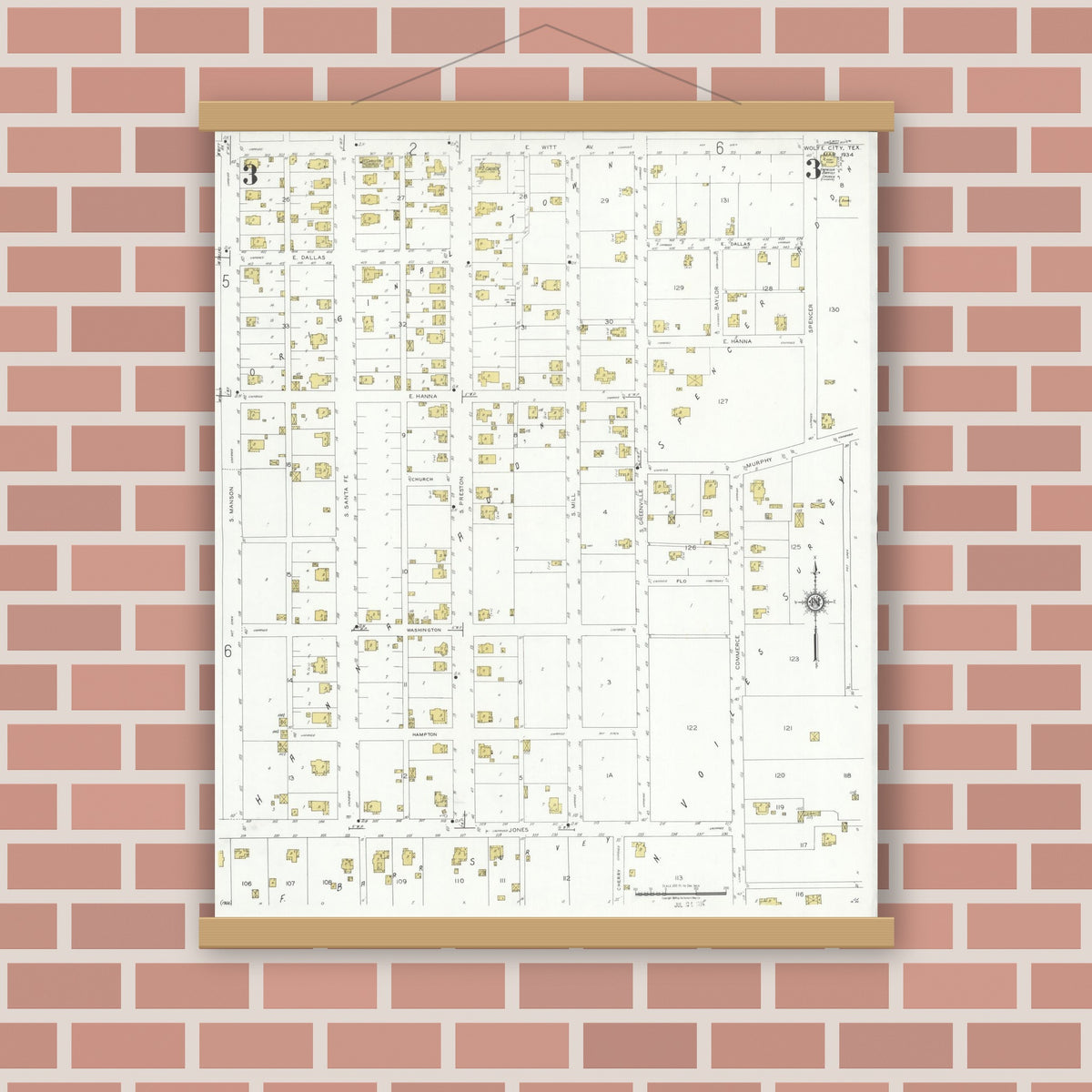 Old map wall art mockup — magnetic wood frame on brick wall — Sanborn Fire Insurance Map from Wolfe City, Hunt County, Texas (1934), Sheet #0003