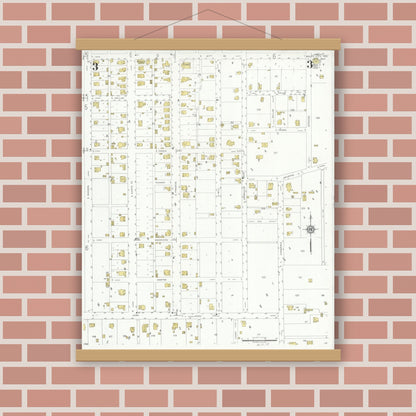 Old map wall art mockup — magnetic wood frame on brick wall — Sanborn Fire Insurance Map from Wolfe City, Hunt County, Texas (1934), Sheet #0003