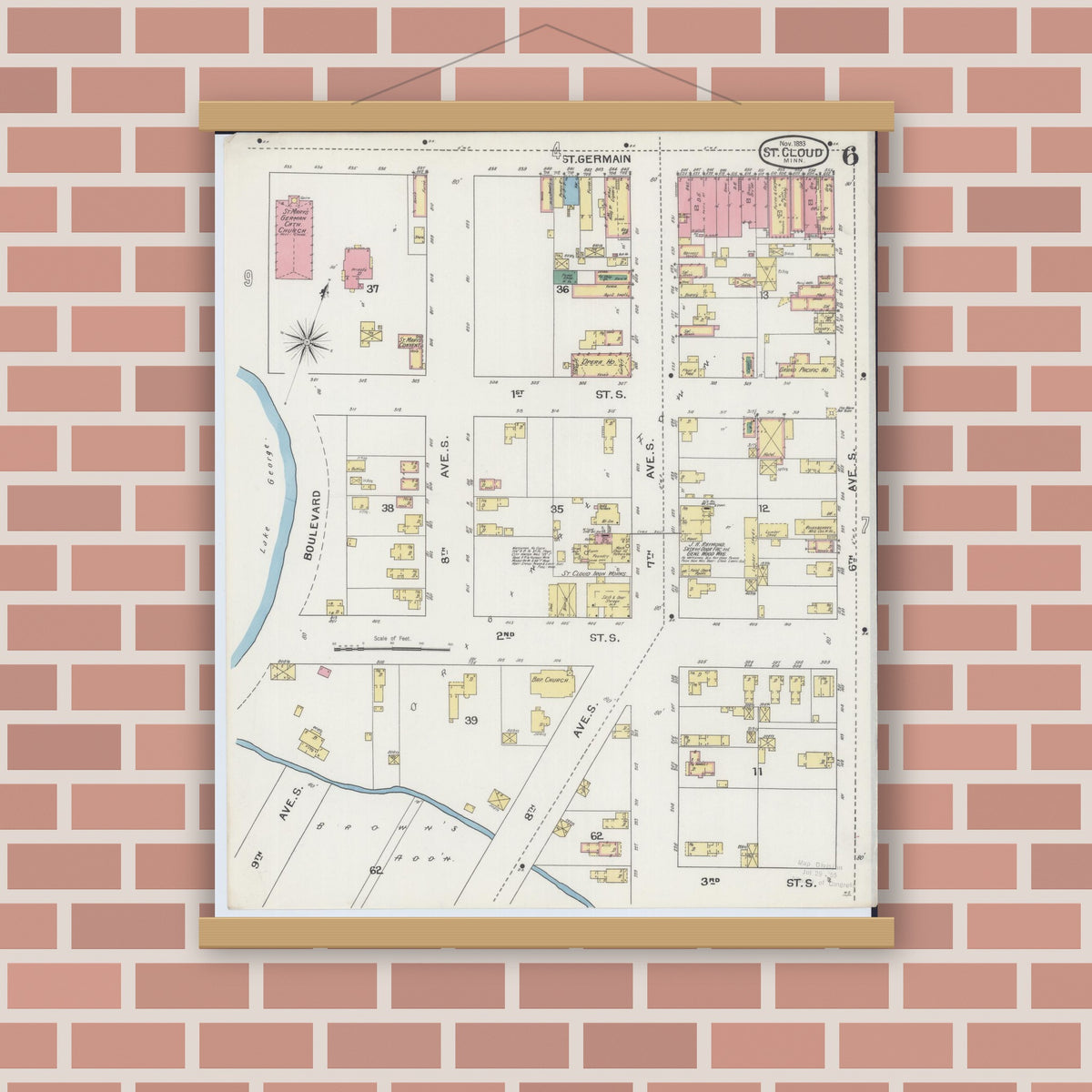 Old map wall art mockup — magnetic wood frame on brick wall — Sanborn Fire Insurance Map from Saint Cloud, Stearns, Benton, and Sherburne Counties, Minnesota (1893), Sheet #0006