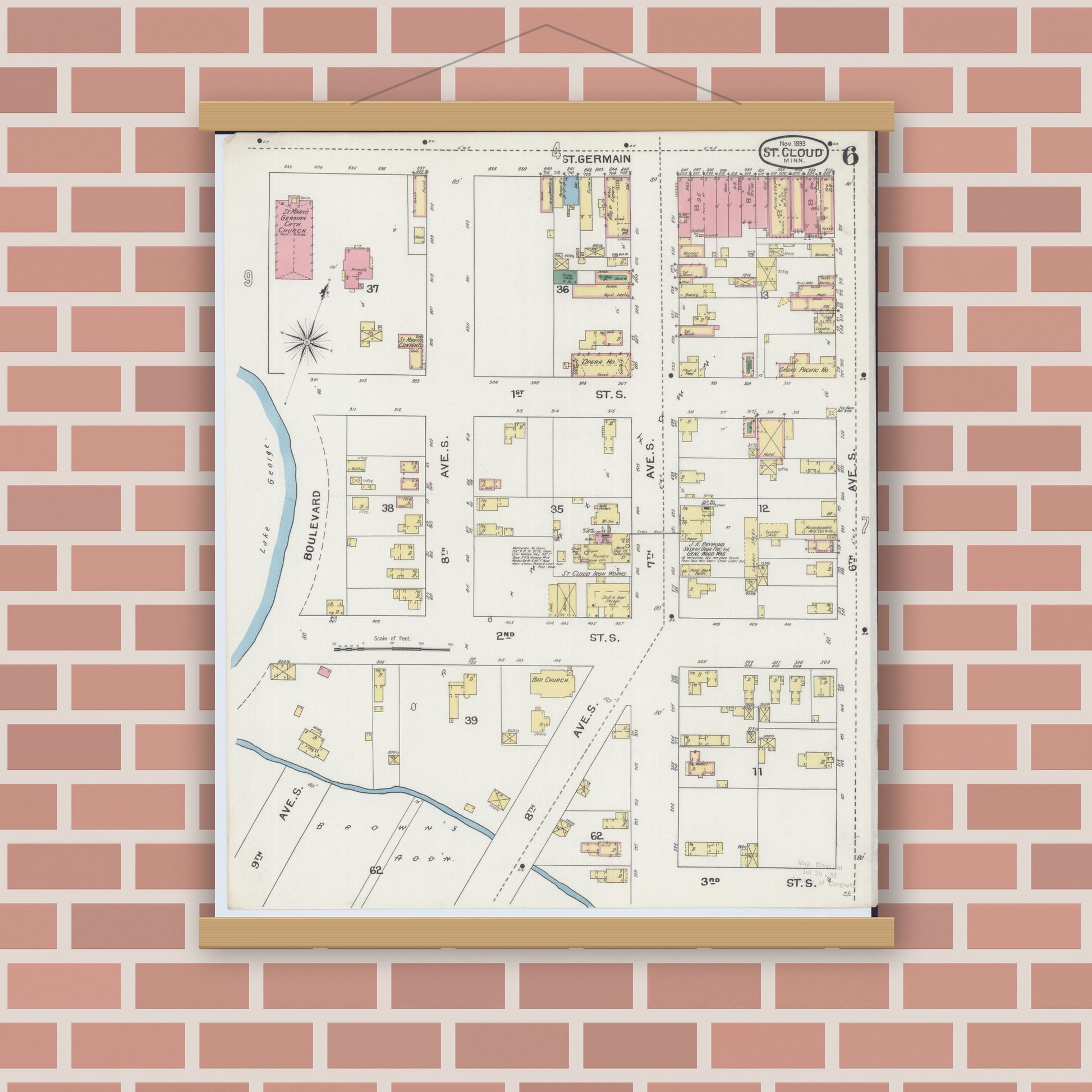 Old map wall art mockup — magnetic wood frame on brick wall — Sanborn Fire Insurance Map from Saint Cloud, Stearns, Benton, and Sherburne Counties, Minnesota (1893), Sheet #0006