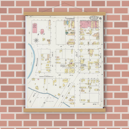 Old map wall art mockup — magnetic wood frame on brick wall — Sanborn Fire Insurance Map from Saint Cloud, Stearns, Benton, and Sherburne Counties, Minnesota (1893), Sheet #0006