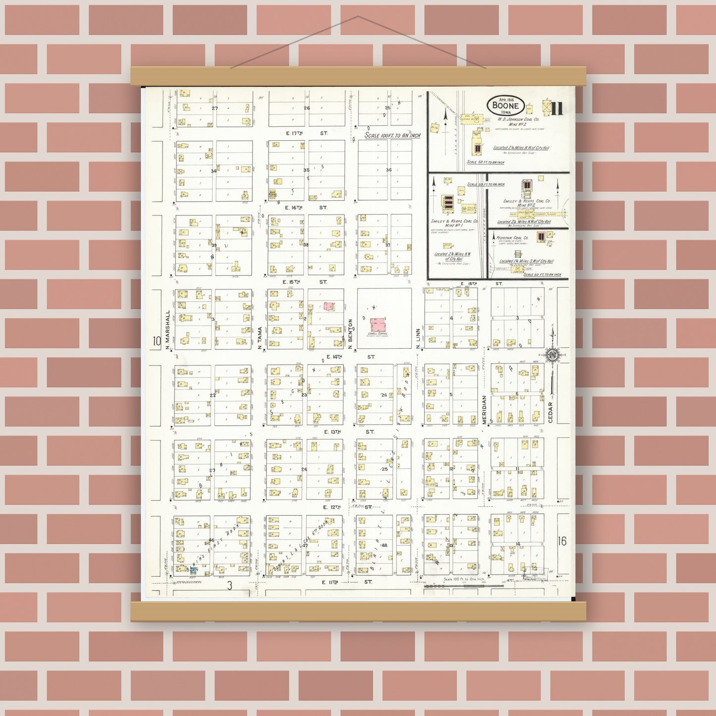 Old map wall art mockup — magnetic wood frame on brick wall — Sanborn Fire Insurance Map from Boone, Boone County, Iowa (1916), Sheet #0011
